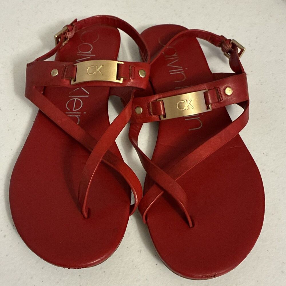 Calvin Klein Sandra Ankle Strap Red Gold Leather Women’s Size 9 Flat Sandals